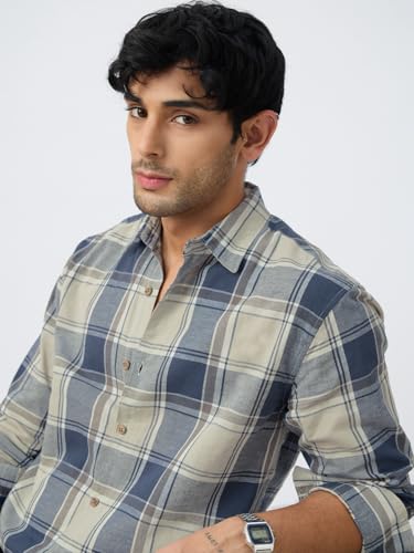 Image of The Souled Store: Blue Sails Men and Boys Long Sleeve Collared Neck Button Front Blue and Cream Checked Embroidered Regular Fit Cotton Linen Shirt