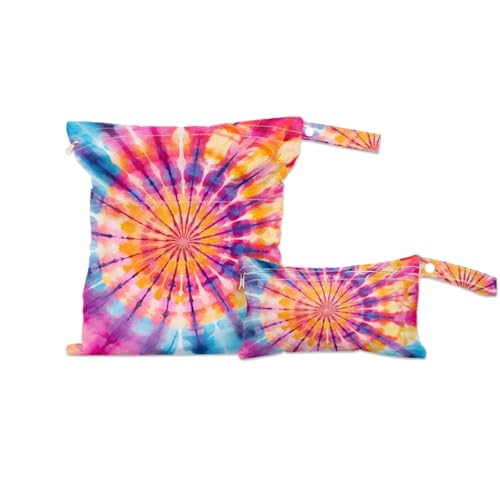 2 Set Tie Dye Rainbow Wet Dry Bags for Baby Cloth Diapers Reusable Storage Bag for Travel,Beach,Pool,Daycare,Stroller,Gym,Laundry,Dirty Clothes,Swimsuits & Wet Clothes, Abstract Swirl Wet Bag