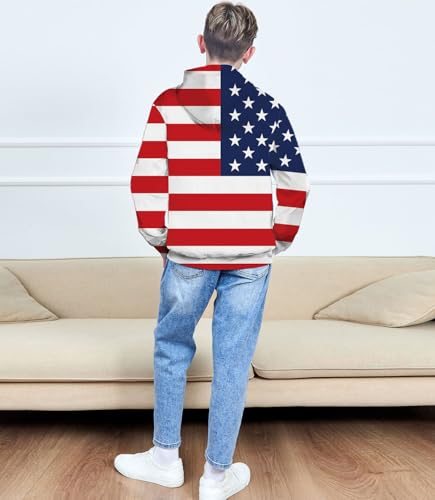 Image of Kid Hoodies Red White Sweatshirts for Boys Hooded Sweater USA Flag Pullover Size 14-16 Years Teens Bright Long Sleeve Shirts