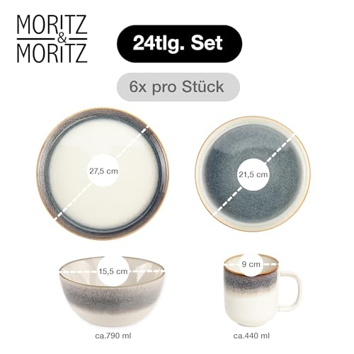 Moritz & Moritz TARENTO 24-tlg. Geschirrset 6 Personen Grau - Elegantes Teller Set aus hochwertigem Steinzeug - Geschirr Set aus 6x Dinnerteller, 6x Dessertteller, 6x Suppenteller und 6x Tassen