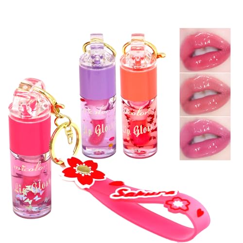 3 Farben feuchtigkeitsspendende Lipgloss Set, glänzend schimmernden Hochglanz Glas Finish Lipgloss Lippen-Make-up für Kinder und Jugendliche Party Geschenk Sakura Schlüsselanhänger
