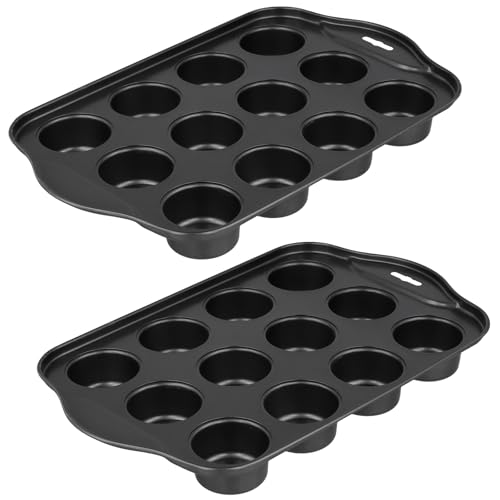 2 Pack Mini Cheesecake Pans, 12 Cup Loose Based Mini Sandwich Tin, Non Stick Muffin Trays with Removable Bottoms for Individual Cheesecakes Cupcakes Puddings Tarts, 33x20.7x4cm, Black