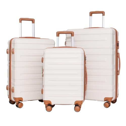 Luggage Sets 3 Piece, Carry-On & Checked Luggage, 28/24/20 Inch, TSA Approved Lock, Hardshell Suitcase, Blue & Beige