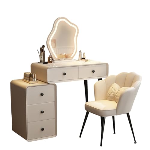 WDSOPK Tocador con Espejo Led Y Taburete, Color Blanco, con Espejo De Nube Y 3 Cajones, Moderno Tocador Blanco para Niñas Y Mujeres.