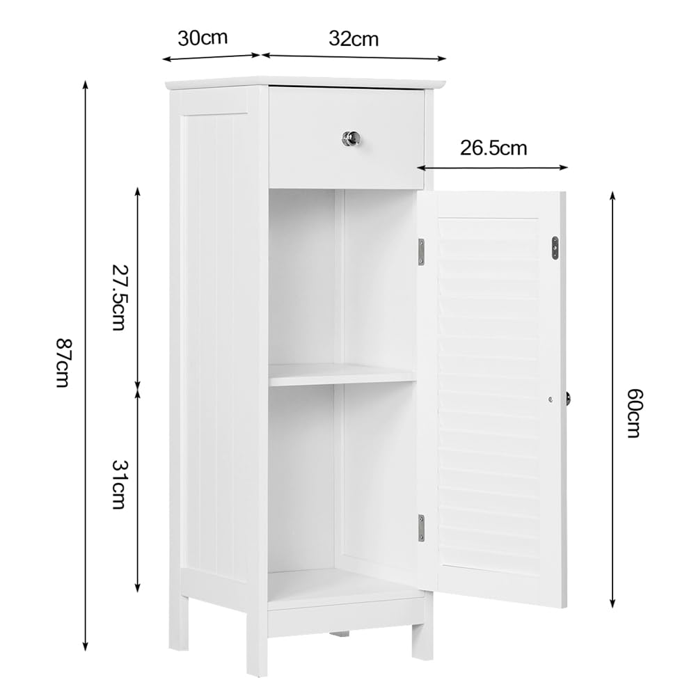 Yaheetech Badezimmerschrank Badschrank Schmal Badkommode Standschrank mit Schublade und Tür, 32 x 30 x 87 cm, Weiß