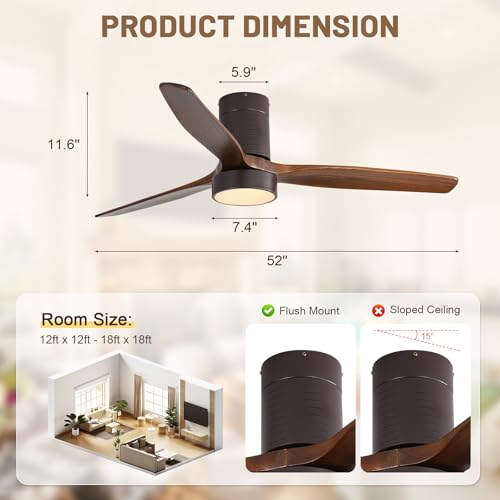 Sofucor 52 Inch Ceiling Fans with Lights, Flush Mount Ceiling Fan with Lights and Remote, Reversible DC Motor, Indoor/Outdoor 3 Blade Solid Wood Ceiling Fans for Bedroom Living Room Patio Farmhouse
