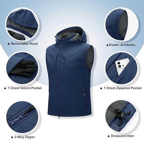 Image of 33,000ft Men's Lightweight Softshell Vest Hooded Outerwear Zip Up Fleece Lined Windproof Sleeveless Jacket for Golf Running