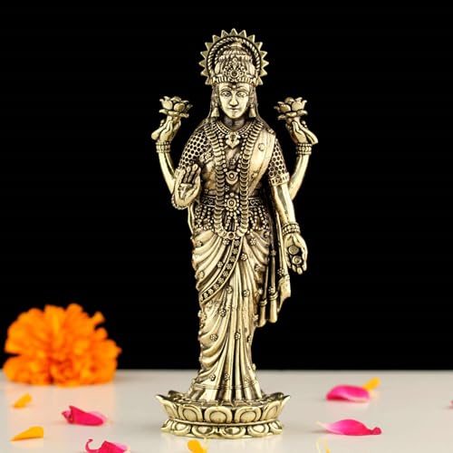 Image of INDICAST Brass Goddess Laxmi Statue for Home Temple | 7 inch Standing Maa Lakshmi Figurine Idol Murti Sacred Symbol of Wealth | Perfect for Rituals & Gifting (Weight- 320gm)
