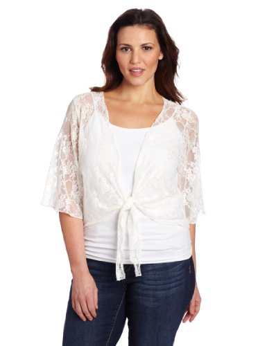 Star Vixen Women's Plus-Size 3/4 Sleeve Lace Tie Front Shrug Sweater, Ivory, 2X