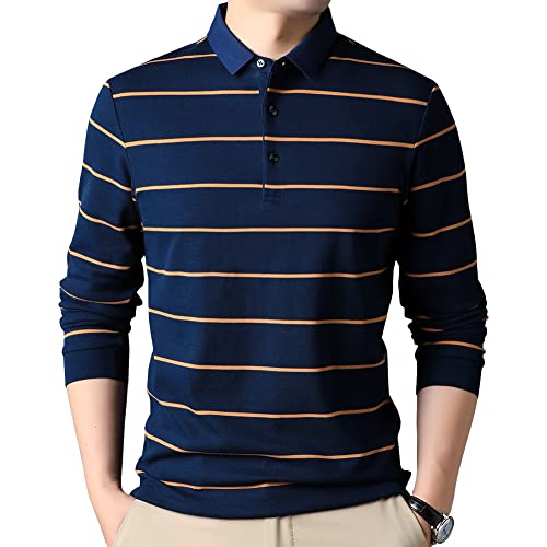 Mens Casual Cotton Striped Slim Fit Long Sleeve Collared T Shirt Polo Shirts