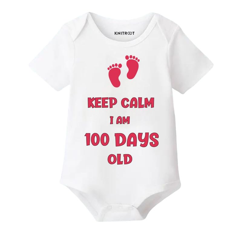 Image of KNITROOT New Born Theme, Keep Calm I Am 100 Days Old, Onesies, Unisex Baby Kids Half Sleeve 100% Cotton Romper, Sleepsuit, Bodysuit, 0-12 Months, Infant Cloths for Boys & Girls