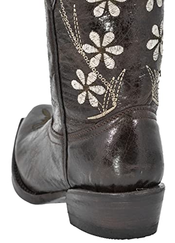 Kids Dark Brown Flower Embroidered Western Cowboy Boots Snip Toe4