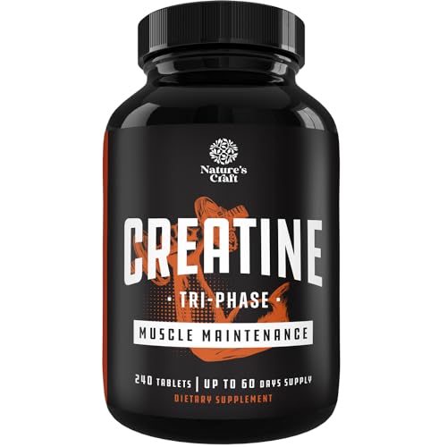 Image of Natures Craft High Strength Tri Phase Creatine Tablets for Women & Men - Formula Blend of Creatine Monohydrate, 300mg HCL & Pyruvate Supplement - Muscle Mass Gain & Recovery Supplement - 240 Count