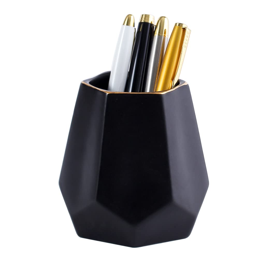 Ceramic Pen Holder for Desk Cute Geometric Shaped Pencil Holder Cup Pot Desk Organizer for Office Decor Makeup Brush Holder (Black)
