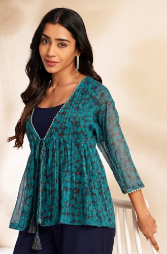 Image of Janasya Women's Solid Shoulder Strap Crop Top with Trouser & Chiffon Floral Printed Shrug