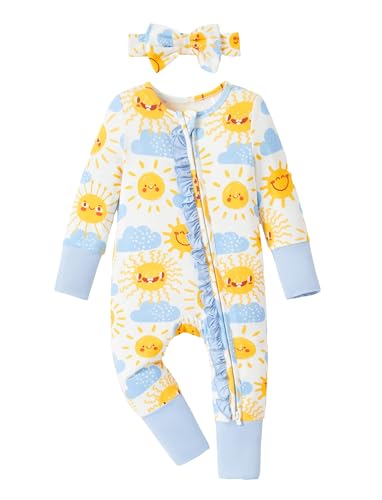 Image of PATPAT Baby Girl Boy Footie Clothes, Bamboo Viscose, 2-Way Ruffled Zipper, Fold-Over Mittens & Cuffs with Headband