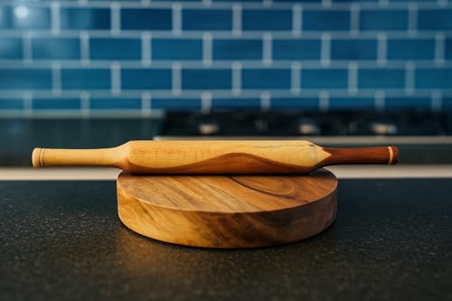 Image of Acacia Wood Wooden Chakla Belan Set for Kitchen Rolling Board and Pin for Chapati,Roti, Puri, Dough Rolling Board,Handmade Smooth Finish,Indian Traditional Cookware 9.5 Inch Diameter 1.5 Inch Thick