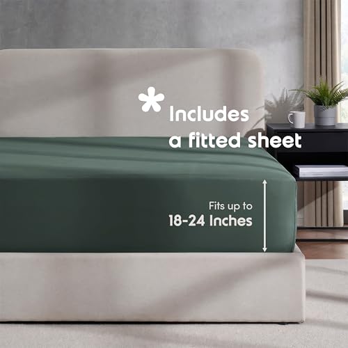 Image of Hearth & Harbor Forest Green Duvet Cover with Fitted Sheet Twin Size | 3 Piece Soft Double Brushed Bedding Set, Button Closure, 1 Duvet Cover 68x90 Inches, 1 Fitted Sheet, 1 Pillow Sham