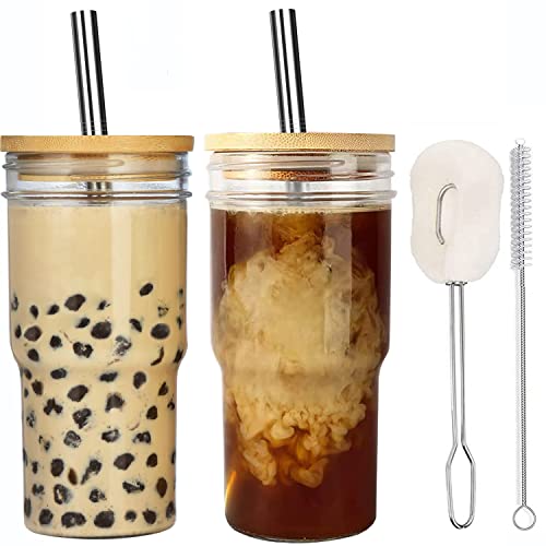 ALINK Bubble Tea Cups 2er-Pack 650 ml Glasbecher, wiederverwendbarer Smoothie-Becher, Boba-Becher Reiseflasche, Weithals-Einmachglas mit Abdeckungen und Edelstahlstrohhalmen