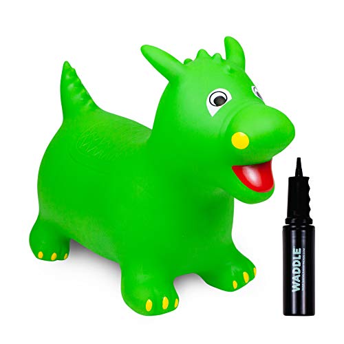 WADDLE Bouncy Hopper Inflatable Hopping Animal, Indoors and Outdoors Toy for Toddlers and Kids, Pump Included, Boys and Girls Ages 2 Years and U (Green Dragon)