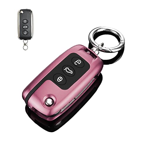 JanneChou Premium Aluminum Alloy Car Key Fob Case Cover Shell Fit for Bentley Continental GT GTC Mulsanne With Metal Key Ring Pink