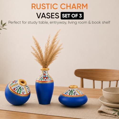 Image of Aakriti Art Creations Rustic Charm Trio Vase Set of 3 | Hand-Painted Warli Art Terracotta Vases in Blue | Matte Finish Decorative Vases for Living Room, Table Decor & Gifting