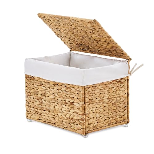 LGENHOOM Storage Basket with Lid, Woven Wicker Shelf Basket with Removable Liner, Metal Frame Rattan Storage Trunk with Handle for Laundry, Bedroom, Living Room, Office
