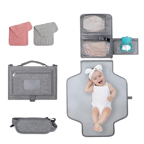 Image of Portable Diaper Changing Station, Expandable Baby Diaper Bag, Compact Diaper Changing Travel Bag with Wet Wipe Pocket, Waterproof Baby Travel Station Set with 2 Bibs (Gray)