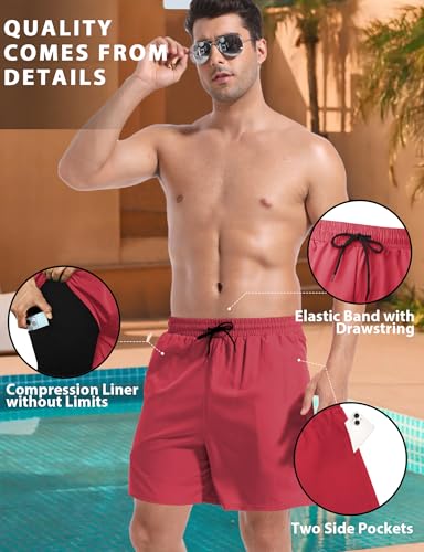 Buauty Mens Swim Trunks with Compression Liner 5 Inch Inseam Quick Dry Swim Shorts Mens Swimsuit Board Shorts with Pockets Red4