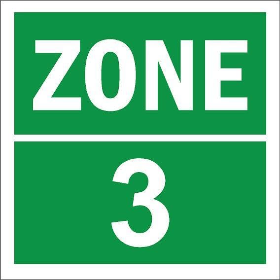 Zone 3, square green sign - 1mm flexible Plastic sign (200mm x 200mm)