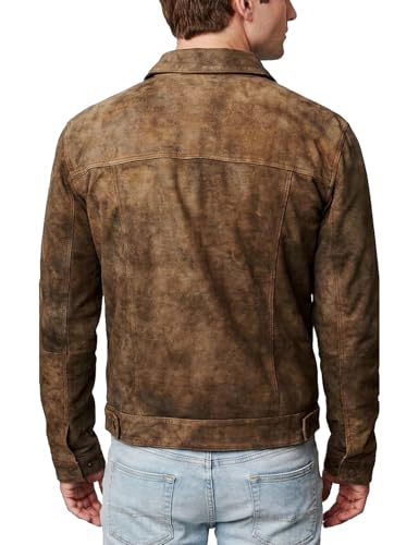 Image of Mens Premium Brown Suede Leather Trucker Jacket - Vintage Classic Motorcycle Western Goat Leather Coat