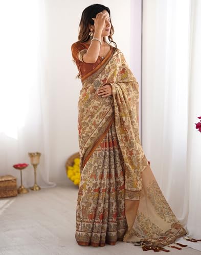 Image of SIRIL Women's Cotton Linen Kalamkari Printed Handloom Saree with Unstitched Blouse Piece