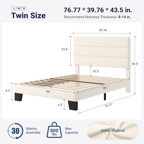 Image of Allewie Twin Size Platform Bed Frame with Fabric Upholstered Headboard and Wooden Slats Support, Fully Upholstered Mattress Foundation /No Box Spring Needed /Easy Assembly, Cream