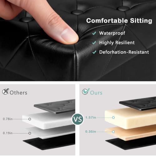 Image of CAROLMADE Folding Storage Ottoman Cube PU Leather Footstool with Wood Legs Ottoman Footrest for Living Room and Bedroom Black, 15x12.6 x 15.4 inch