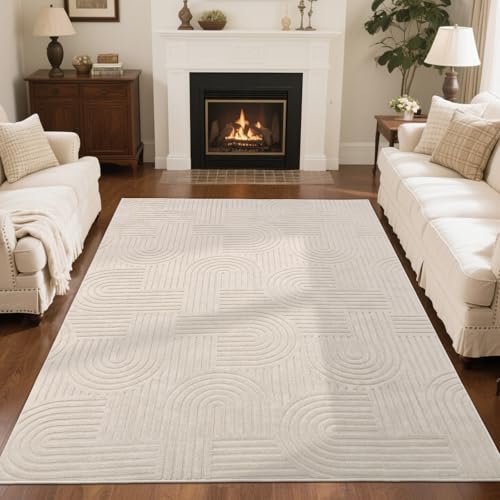 SHACOS Soft Cozy Fluffy Arch Pattern High-Low Pile Textured Area Rug 5’3″x7’3″ Non Slip Washable Modern Geometric Rug Stain Resistant Contemporary Carpet for Living Room Bedroom Dining Room, Beige