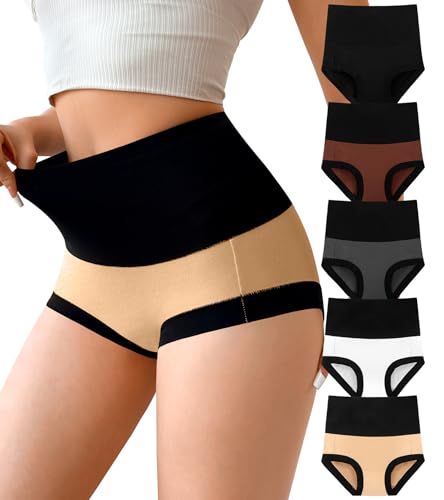 Annenmy Womens Underwear, Soft Cotton Super High Waist Breathable Briefs Postpartum Panties for Women 5 Pack XL