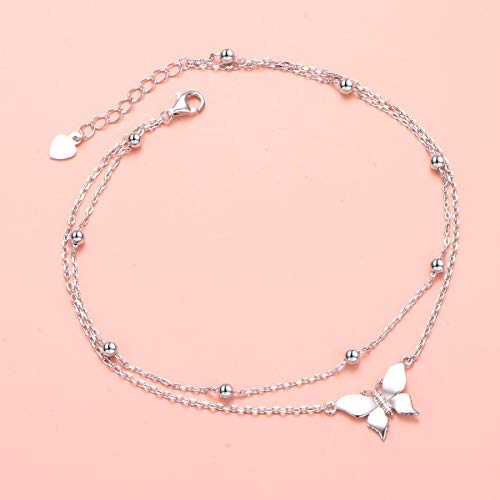 Image of Flyow Anklet for Women S925 Sterling Silver Adjustable Foot Beaded Heart Charm Ankle Bracelet Anklets Jewelry