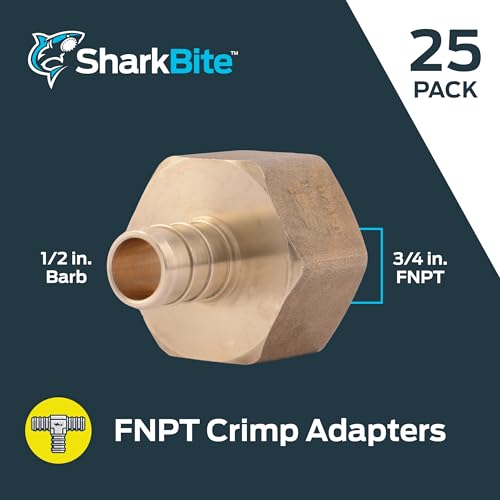 Image of SharkBite 1 /2 Inch x 3 /4 Inch Crimp Female Adapter, Pack of 25, Brass Plumbing Fitting, PEX Pipe, Copper, UC068LF