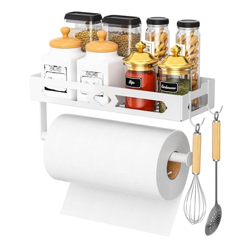 MAYZOLOP Paper Towel Holder with Shelf, One Hand Tear, Paper Towel Holder Wall Mount with 2 Detachable Hooks for Kitchen, Bathroom, White