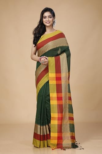 Image of OISHANI SAREE GHOR Women's Traditional Bengal Handloom Modhuboni Cotton Saree With Blouse Piece