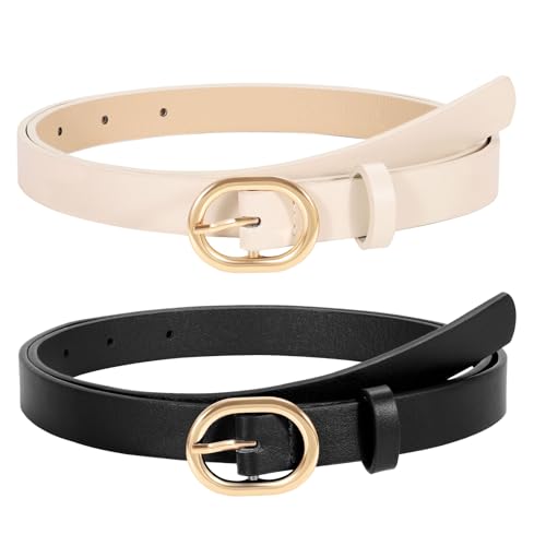WERFORU 2 Pack Women's Skinny PU Leather Belt with Gold Buckle Ladies Thin Leather Leather Plus Size Waist Belt for Jeans Dress （Black+Beige,Fit Waist Size 19-24 Inches