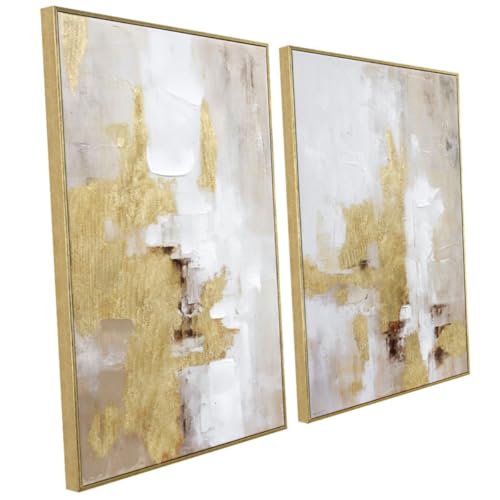 Image of Abstract Gold and Beige Canvas Wall Art - 2 Piece 20 x 28 Inches Framed Prints with Hand-Painted Texture - Neutral Tone Artwork for Living Room, Bedroom, Office Decor