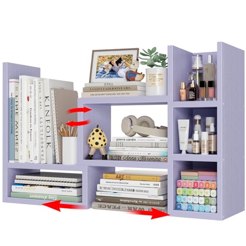 Image of NUTIKAS Desk Shelves Desktop Organizer Shlef - Purple Office Organization for Top of Desk Organizers and Accessories Corner Bookshelf Table Top Shelving Small Hutch Decorations for Women Office