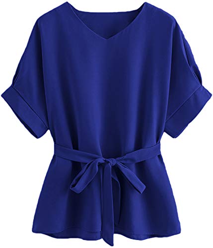 Milumia Women's Casual V Neckline Self Tie Short Sleeve Work Blouse Tunic Tops Blue X-Large