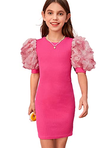 WDIRARA Girl's Ribbed Mesh Short Puff Sleeve Cute Birthday Party Pencil Mini Dress