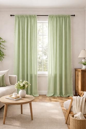 Image of THE LINEN COMPANY Window Curtains Sheer Cotton Curtains with Pom Pom Lace Rod Pocket Light Filtering Transparent Net Curtains for Window Curtains Door Curtains Living Room Ocean Green 4 Ft Pack of 2