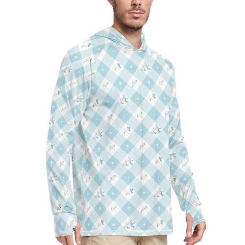 Men Sun Protection Hoodies Long Sleeve UPF 50 + Mens Sun Shirts Fishing Shirt Men UV Rash Guards Teal Gingham Plaid Floral - Main Image