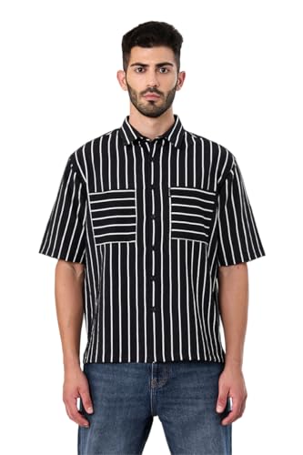 Image of SNITCH Men Casual Plus Size Shirt | Regular Fit Full Sleeve Mandarin Collar Striped Design | Premium Cotton Linen Blend & Breathable Fabric for Office & Everyday Wear