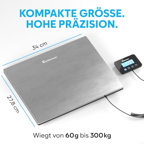 Paketwaage - 300 kg - Hochpräzise Plattformwaage mit Halte-/Tara-Funktion/LCD - Postwaage perfekt für Pakete, Gepäck, Heimgebrauch - Batterie & Kabel enthalten - Gepäckwaage - Silber