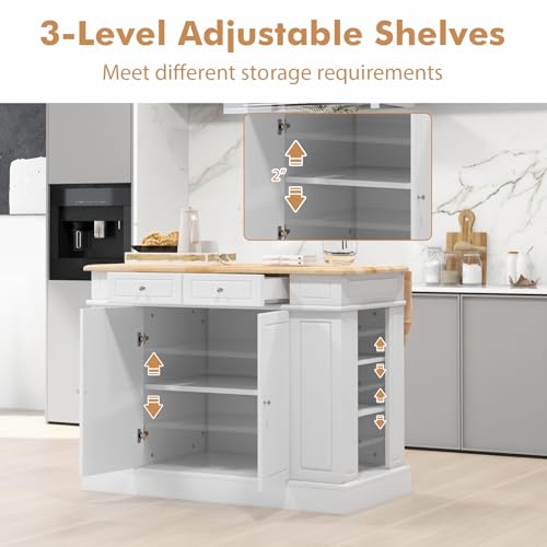 SILKYDRY Kitchen Island with Drop Leaf, Rubber Wood Top Breakfast Bar, Storage Cabinet with 2 Drawers, Adjustable Shelves, Spice Racks, Stationary Island Table for Dining Room, White
